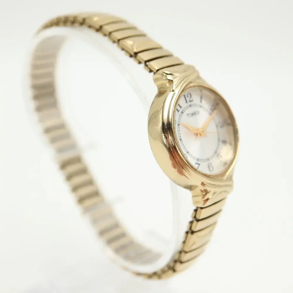 Timex Ladies 26mm Womens Gold Tone Watch Champagne Dial Stretch Band New Battery